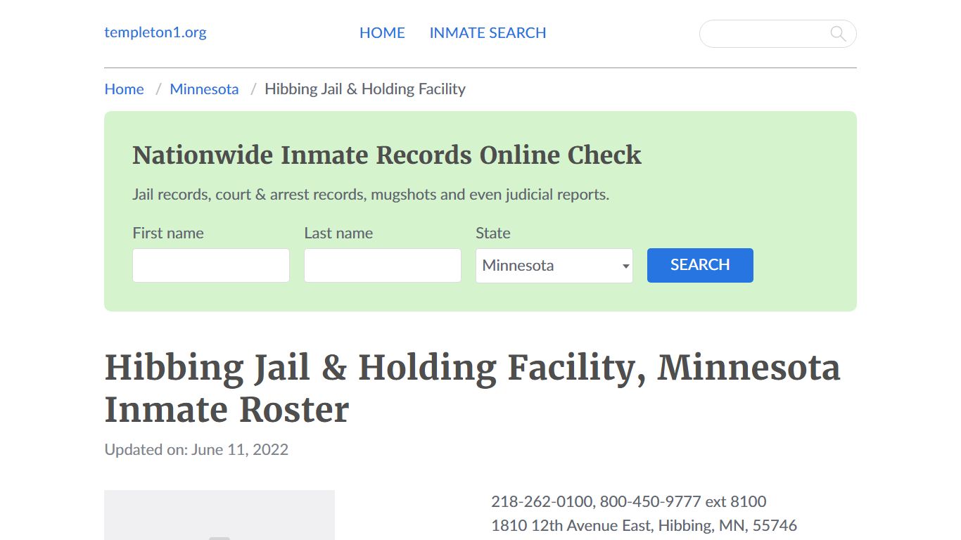 Hibbing Jail & Holding Facility, Minnesota Inmate Booking
